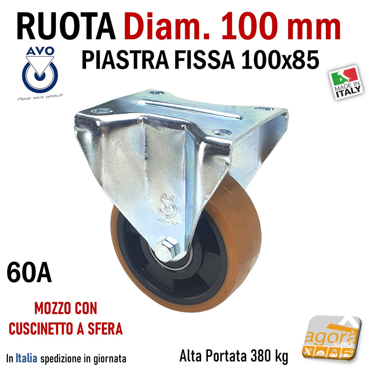 RUOTA POLIURETANO DIAMETRO 100MM FISSA CON PIASTRA 100X85 AVO 60A X CA –