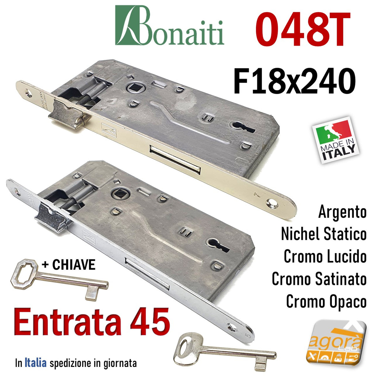 FRONT PATENT DOOR LOCK 22x240mm BONAITI 540T-50 MATT CHROME + KEY E50 I90  OKAY SILVER