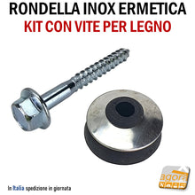 Carica l&#39;immagine nel visualizzatore di Gallery, KIT PER ESTERNO fissaggio coperture metalliche policarbonato tetto tetti RONDELLA ERMETICA IN ACCIAIO INOX DIAMETRO Ø25MM COMPLETA DI VITE MORDENTE LEGNO TE 50MM
