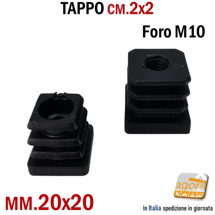 TAPPO QUADRATO 20x20mm FORO FILETTATO M10 NERO cm 2x2 TAPPI SOTTOPIEDE 10pz