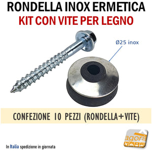 KIT PER ESTERNO fissaggio coperture metalliche policarbonato tetto tetti RONDELLA ERMETICA IN ACCIAIO INOX DIAMETRO Ø25MM COMPLETA DI VITE MORDENTE LEGNO TE 50MM su listelli di legno