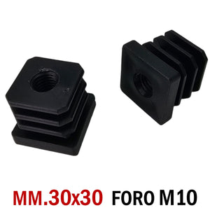 TAPPO QUADRATO 30x30mm FORO FILETTATO M10 NERO cm 3x3 TAPPI SOTTOPIEDE 10pz tappini forati per ruote