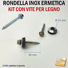 Carica l&#39;immagine nel visualizzatore di Gallery, KIT PER ESTERNO fissaggio coperture metalliche policarbonato tetto tetti RONDELLA ERMETICA IN ACCIAIO INOX DIAMETRO Ø25MM COMPLETA DI VITE MORDENTE LEGNO TE 50MM gomma elastica inox A2 rondella larga
