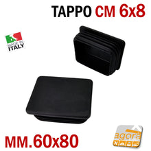 Load image into Gallery viewer, TAPPO RETTANGOLARE mm 60x80 NERO PUNTALE PLASTICA cm 6x8 SOTTOPIEDE ALETTATO TAPPI NERI  80x60mm cm 8x6 inserto per tubolari giardino carpenteria
