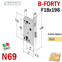 Carica l&#39;immagine nel visualizzatore di Gallery, SERRATURA PORTA INTERNA MAGNETICA B-FORTY BONAITI N69 YALE FRONTALE 18X196MM E50 I85 misure
