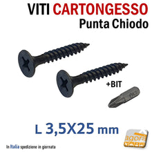 Load image into Gallery viewer, viti cartongesso nere punta chiudo vite ctg x fissaggio lastre compreso inserto bit professionali 25mm
