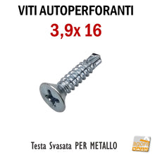 Load image into Gallery viewer, viti autoperforanti testa piana svasata TPS zincate lunghe 3.9x16mm lunghezza 1,6cm professionali testa a croce
