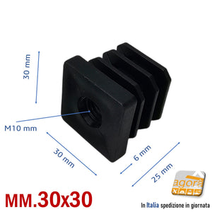 TAPPO QUADRATO 30x30mm FORO FILETTATO M10 NERO cm 3x3 TAPPI SOTTOPIEDE 10pz puntali con foro per perno ruota