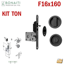 Load image into Gallery viewer, KIT SERRATURA PER PORTA SCORREVOLE BONAITI G500T F16X160 PER BAGNO MONETA X WC LIBERO-OCCUPATO MODELLO CON TIRANTE COMPLETO DI CONTROPIASTRA E MANIGLIE TONDE 4TH21050K7 nero nera matt black
