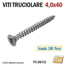 Load image into Gallery viewer, VITI da LEGNO TESTA SVASATA TRUCIOLARE MDF PZD 4,0 X 40 VITE TPS ZNB 200pz vite per truciolati professionale alta qualità
