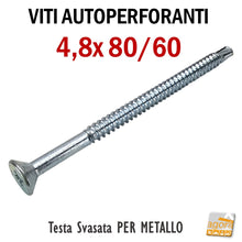 Load image into Gallery viewer, viti autoperforanti testa piana svasata TPS zincate lunghe 4.8x80mm lunghezza 8cm professionali testa a croce
