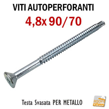 Load image into Gallery viewer, viti autoperforanti testa piana svasata TPS zincate lunghe 4.8x90mm lunghezza 9cm professionali testa a croce
