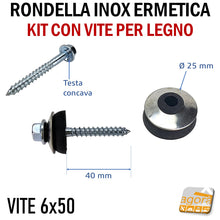 Load image into Gallery viewer, fissaggio coperture metalliche policarbonato tetto tetti RONDELLA ERMETICA IN ACCIAIO INOX DIAMETRO Ø25MM COMPLETA DI VITE MORDENTE LEGNO TE 5 cm viti legno  6 x 50
