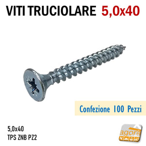 VITI TRUCIOLARE TESTA TPS 5,0 X 40 ZINCATA per legno multistrato mdf pannello Vite in acciaio zincato bianco filetto truciolare testa piana svasata inserto a croce pozidrive filetto totale PZ2