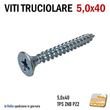 Carica l&#39;immagine nel visualizzatore di Gallery, VITI TRUC TESTA TPS 5,0 X 40 ZINCATA Vite in acciaio zincato bianco filetto truciolare testa piana svasata inserto a croce pozidrive filetto totale PZ2
