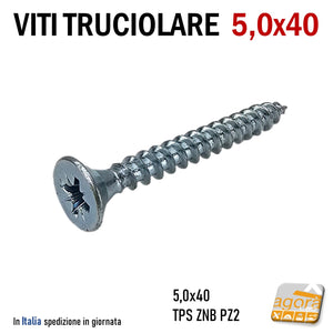 VITI TRUC TESTA TPS 5,0 X 40 ZINCATA Vite in acciaio zincato bianco filetto truciolare testa piana svasata inserto a croce pozidrive filetto totale PZ2