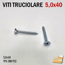 Carica l&#39;immagine nel visualizzatore di Gallery, VITI TRUC TESTA TPS 5,0 X 40 ZINCATA Vite in acciaio zincato bianco filetto truciolare testa piana svasata inserto a croce pozidrive filetto totale PZ2 testa diametro 10 mm
