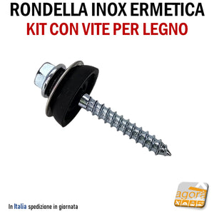  fissaggio coperture metalliche policarbonato tetto tetti RONDELLA ERMETICA IN ACCIAIO INOX DIAMETRO Ø25MM COMPLETA DI VITE MORDENTE LEGNO testa esagono 5 cm