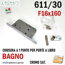 Load image into Gallery viewer, SERRATURA PORTA LIBRO BONAITI 611/30 FRONTALE 16X160MM E30 BAGNO CROMO SAT 1 PUNTO cromata satinata entrata 3cm porte a libro pieghevoli 40611030U7
