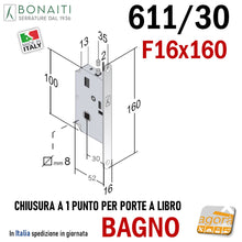 Load image into Gallery viewer, SERRATURA PORTA LIBRO BONAITI 611/30 FRONTALE 16X160MM E30 BAGNO quadro 8x8 chiusura a 1 PUNTO cromata satinata entrata 3cm porte a libro pieghevoli 40611030U7
