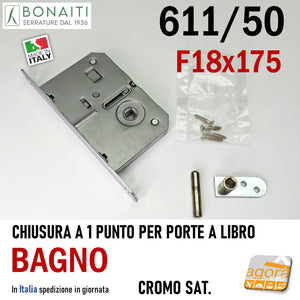 SERRATURA PORTA LIBRO BONAITI 611/50 FRONTALE 18X175MM E50 BAGNO CROMO SAT 1 PUNTO 40611050U8