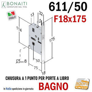 SERRATURA PORTA LIBRO BONAITI 611/50 FRONTALE 18X175MM E50 BAGNO CROMO SAT 1 PUNTO 40611050U8 entrata 5cm perno in alto f 175x18