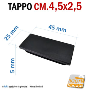 TAPPO RETTANGOLARE mm 25x45 NERO PUNTALE PLASTICA cm 2,5x4,5 SOTTOPIEDE ALETTATO TAPPI NERI 45x25mm tappino con alette per tubolari giardino
