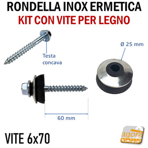 fissaggio coperture metalliche policarbonato tetto tetti RONDELLA ERMETICA IN ACCIAIO INOX DIAMETRO Ø25MM COMPLETA DI VITE MORDENTE LEGNO TE 7 cm