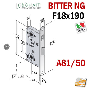 SERRATURA porta BONAITI MONETA BAGNO WC LIBERO-OCCUPATO Frontale 19cm 18X190mm CROMO OPACO ARGENTO BITTER A81 Entrata 50 mm Interasse 96 mm quadro 6x6 linguetta centrale plastica NEW GENERATION