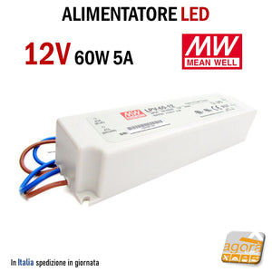 ALIMENTATORI PER STRIP LED 12V 60W 5A MeanWell LPV-60-12 IP67 EAN:4021087006873 WATERPROOF 240V USCITA COSTANTE 12V 60W MW driver resistente all'acqua per esterno silenzioso