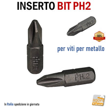 Carica l&#39;immagine nel visualizzatore di Gallery, INSERTO BIT PH2 PER VITI METALLO 1/4&quot;x25mm PHILIPS HQ PER AVVITATORE
