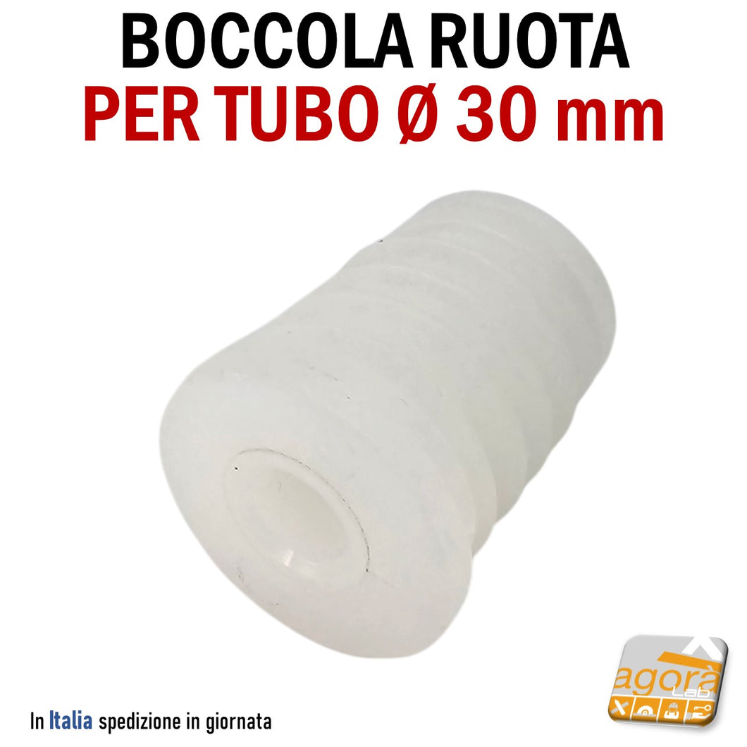 BOCCOLA PER TUBO D30MM PER RUOTE CON PERNO LISCIO CALETTATO FORO 10MM NYLON BIANCA x tubo tondo tubi rotondi inserto a pressare stender carrelli ruota calettata teflon plastica