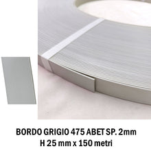 Load image into Gallery viewer, BORDO PVC SPESSORE 2,0 MM x ALTEZZA 25 MM IN ROTOLO ADATTO PER BORDATRICI LEGNO bordi per pannelli colore grigio chiaro alto spessore finitura 18 leggermente goffrata 475 abet  BORDO PVC GRIGIO 475 2,0 X 25MM ROTOLO 150MT PER BORDATRICE PANNELLI NOBILITATI PER BORDATRICI LEGNO
