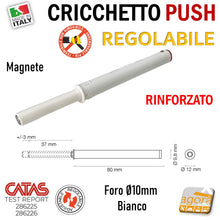 Carica l&#39;immagine nel visualizzatore di Gallery, CRICCHETTO PUSH FORTE MAGNETE REGOLABILE INCASSO D10 LUNGO BIANCO PER APERTURA ANTE INVISIBILI MOBILE SENZA MANIGLIA foro 10mm x 80 8cm rinforzato magnetico
