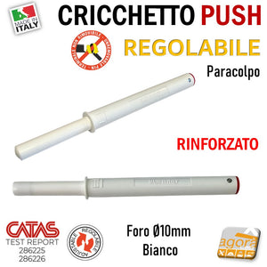 CRICCHETTO PUSH FORTE PARACOLPO REGOLABILE INCASSO D10 LUNGO BIANCO PER APERTURA ANTE INVISIBILI MOBILE SENZA MANIGLIA foro 1cm 10mm da incassare per mobili con gommino senza magnete rinforzato tappo rosso