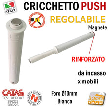 Carica l&#39;immagine nel visualizzatore di Gallery, CRICCHETTO PUSH FORTE MAGNETE REGOLABILE INCASSO D10 LUNGO BIANCO PER APERTURA ANTE INVISIBILI MOBILE SENZA MANIGLIA foro 10mm x 80 8cm rinforzato magnetico tappo rosso
