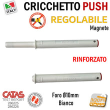 Carica l&#39;immagine nel visualizzatore di Gallery, CRICCHETTI PUSH FORTE MAGNETE REGOLABILI INCASSATO D10 LUNGO BIANCO PER APERTURA ANTE INVISIBILI MOBILI SENZA MANIGLIA foro 10mm x 80 8cm rinforzato magnetico
