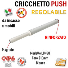 Carica l&#39;immagine nel visualizzatore di Gallery, CRICCHETTO PUSH FORTE MAGNETE REGOLABILE INCASSO D10 LUNGO BIANCO PER APERTURA ANTE INVISIBILI MOBILE SENZA MANIGLIA foro 10mm x 80 8cm rinforzato magnetico corsa 37mm 40mm
