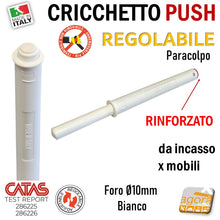 Carica l&#39;immagine nel visualizzatore di Gallery, CRICCHETTO PUSH FORTE PARACOLPO REGOLABILE INCASSO D10 LUNGO BIANCO PER APERTURA ANTE INVISIBILI MOBILE SENZA MANIGLIA foro 1cm 10mm da incassare per mobili con gommino senza magnete
