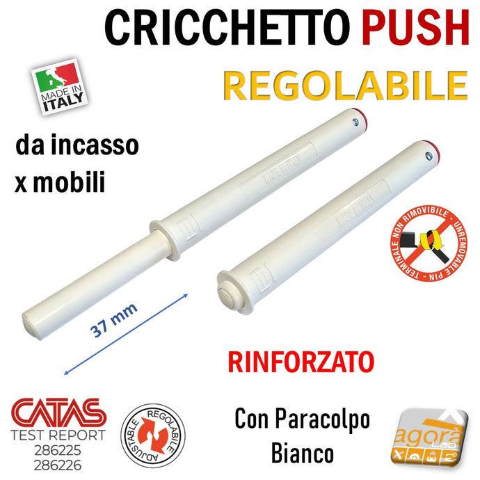 CRICCHETTO PUSH FORTE PARACOLPO REGOLABILE INCASSO D10 LUNGO BIANCO PER APERTURA ANTE INVISIBILI MOBILE SENZA MANIGLIA