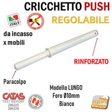 Carica l&#39;immagine nel visualizzatore di Gallery, CRICCHETTO PUSH FORTE PARACOLPO REGOLABILE INCASSO D10 LUNGO BIANCO PER APERTURA ANTE INVISIBILI MOBILE SENZA MANIGLIA foro 1cm 10mm da incassare per mobili con gommino senza magnete rinforzato
