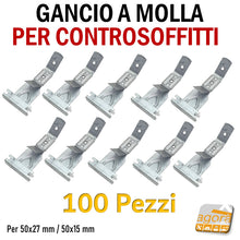 Load image into Gallery viewer, GANCIO A MOLLA PER SOSPENSIONE CONTROSOFFITTI IN LASTRE CARTONGESSO A INCASTRO PER MONTANTE MM.50x27 E MM.50x15 100 pezzi
