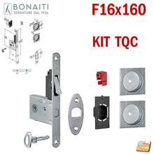 Load image into Gallery viewer, KIT SERRATURA PER PORTA SCORREVOLE BONAITI G500T F16X160 CHIAVE A SPILLO PIEGHEVOLE MODELLO CON TIRANTE COMPLETO DI CONTROPIASTRA E MANIGLIE QUADRATE KIT EASY CON SERRATURA G500T CHIAVE - QUADRATO frontale 160x16 chiave cromo satinato 4UH2005087 maniglia quadrata con foro
