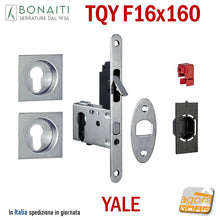 Load image into Gallery viewer, serratura per porte scorrevoli scrigno con cilindro yale maniglie quadrate con tirante frontale 160x16 bonaiti EASY TQY G500T Cromo satinato
