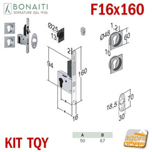 Load image into Gallery viewer, serratura per porte scorrevoli scrigno con cilindro yale maniglie quadrate con tirante frontale 160x16 bonaiti EASY TQY G500T Cromo satinato serrature a gancio
