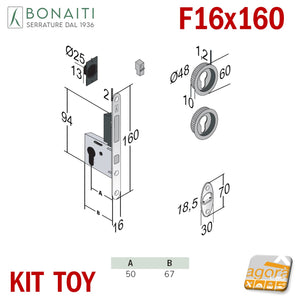 kit serratura bonaiti easy TOY f 16x160mm entrata 50mm x serrature scrigno scorrevoli completo di maniglie rosette per cilindro yale 4TH2205087