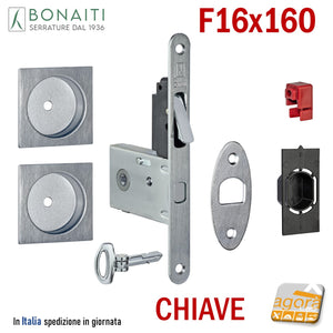 KIT SERRATURA PER PORTA SCORREVOLE BONAITI G500T F16X160 CHIAVE A SPILLO PIEGHEVOLE MODELLO CON TIRANTE COMPLETO DI CONTROPIASTRA E MANIGLIE QUADRATE KIT EASY CON SERRATURA G500T CHIAVE - QUADRATO frontale 160x16 chiave cromo satinato 4UH2005087 maniglia quadrata con foro