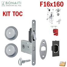 Carica l&#39;immagine nel visualizzatore di Gallery, KIT SERRATURA PER PORTA SCORREVOLE BONAITI G500T F16X160 CHIAVE A SPILLO PIEGHEVOLE MODELLO CON TIRANTE COMPLETO DI CONTROPIASTRA E MANIGLIE TONDE - KIT EASY CON SERRATURA G500T CHIAVE - TONDO 4TH2005087 cromo satinato cromato sat
