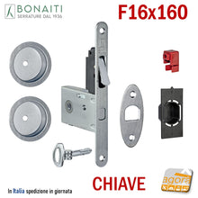 Carica l&#39;immagine nel visualizzatore di Gallery, KIT SERRATURA PER PORTA SCORREVOLE BONAITI G500T F16X160 CHIAVE A SPILLO PIEGHEVOLE MODELLO CON TIRANTE COMPLETO DI CONTROPIASTRA E MANIGLIE TONDE - KIT EASY CON SERRATURA G500T CHIAVE - TONDO 4TH2005087 cromo satinato cromato sat
