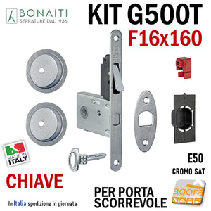 KIT SERRATURA PER PORTA SCORREVOLE BONAITI G500T F16X160 CHIAVE A SPILLO PIEGHEVOLE MODELLO CON TIRANTE COMPLETO DI CONTROPIASTRA E MANIGLIE TONDE - KIT EASY CON SERRATURA G500T CHIAVE - TONDO 4TH2005087 cromo satinato cromato sat